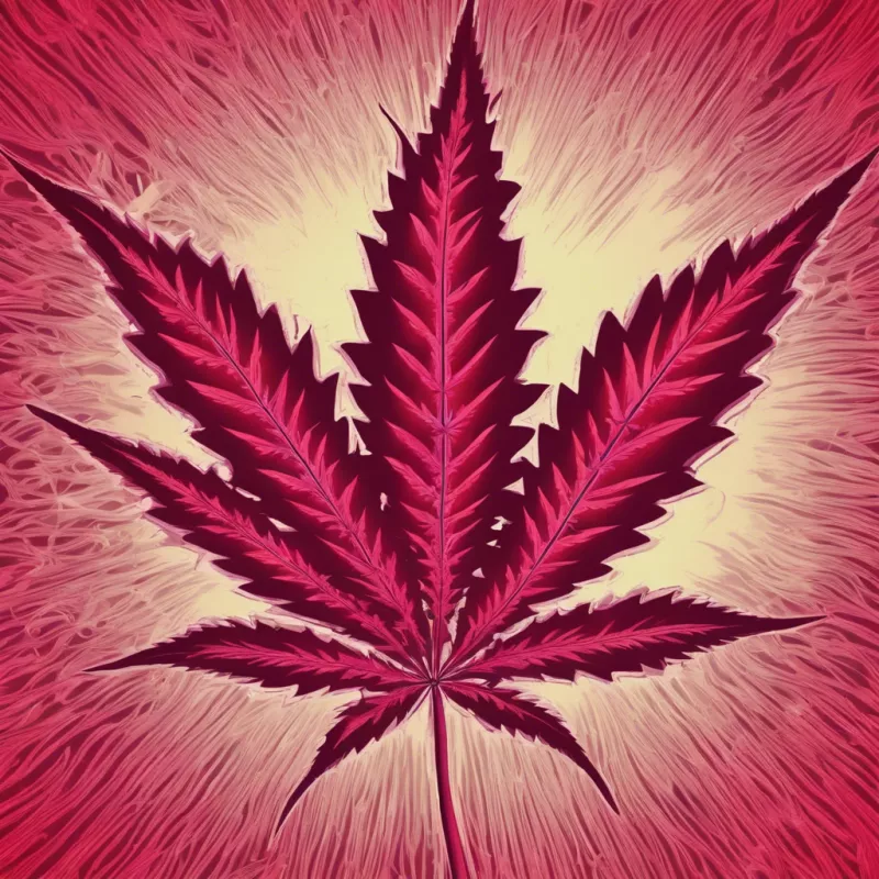 Cannabis sativa leaf art in vivid reds and purples against abstract pink backdrop.