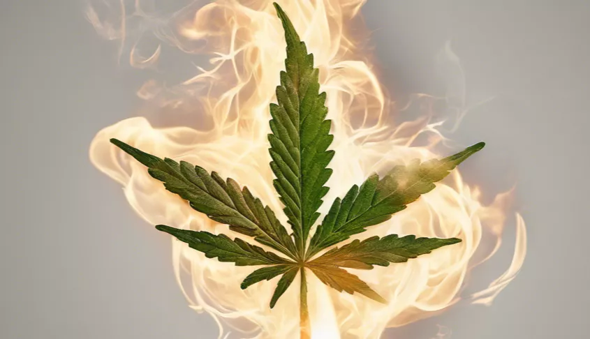 Cannabis leaf against fiery backdrop, symbolizing legalization debate and use.