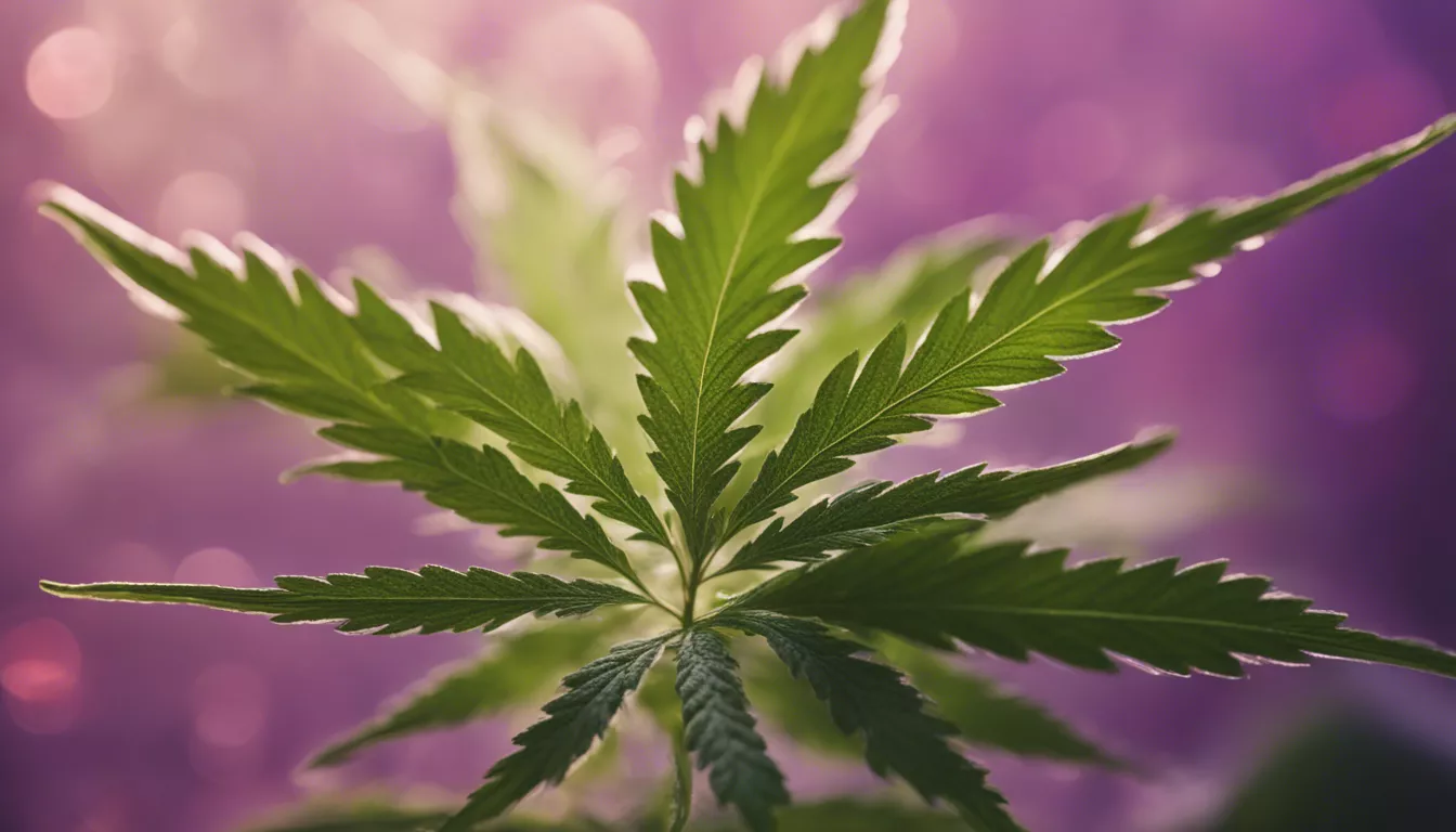 Cannabis leaf with purple and pink bokeh background.