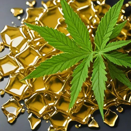 Green cannabis leaf on golden honeycomb-textured shatter concentrate.