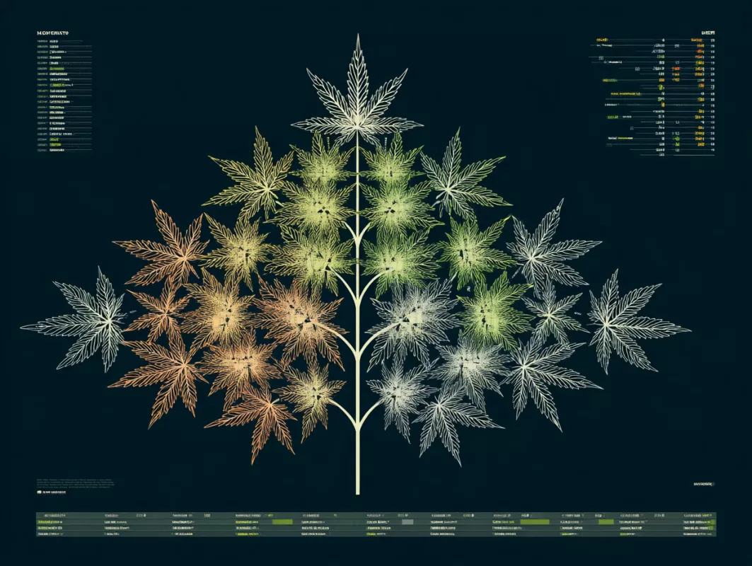 Infographic of cannabis plant life stages with color-coded data branches and leaves.