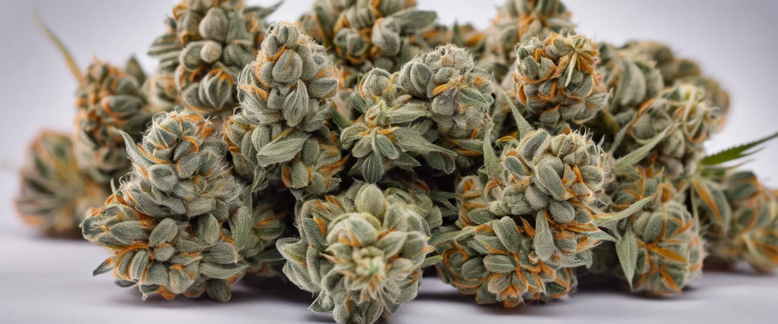Close-up view of high-quality Cannabis Sativa buds with frosty trichomes.