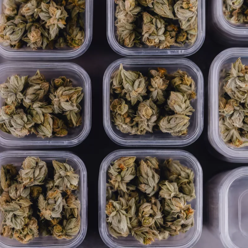 Organized Green Cannabis Buds in Transparent Storage Containers.
