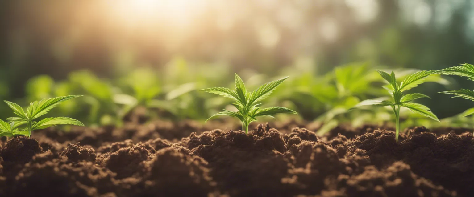 Cannabis sativa seedlings thriving in fertile soil with warm sunlight.