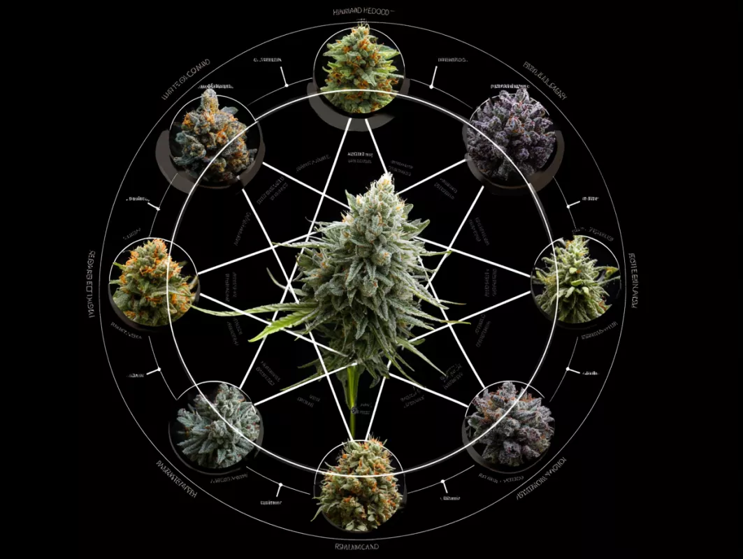 Circular chart of diverse cannabis strains, showcasing colorful buds with genetic lineage connections.