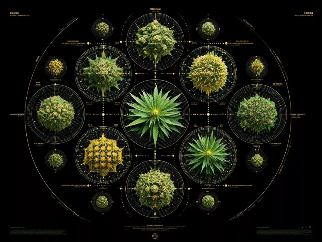Cannabis strains infographic with detailed flowers, geometric patterns, and scientific annotations.