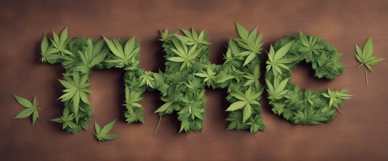 Cannabis leaves spell out THC on a brown background.