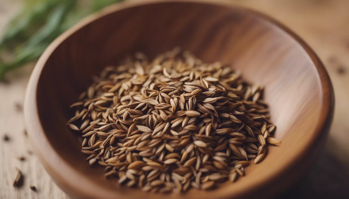 Organic cumin seeds in a polished wooden bowl with blurred greenery background.