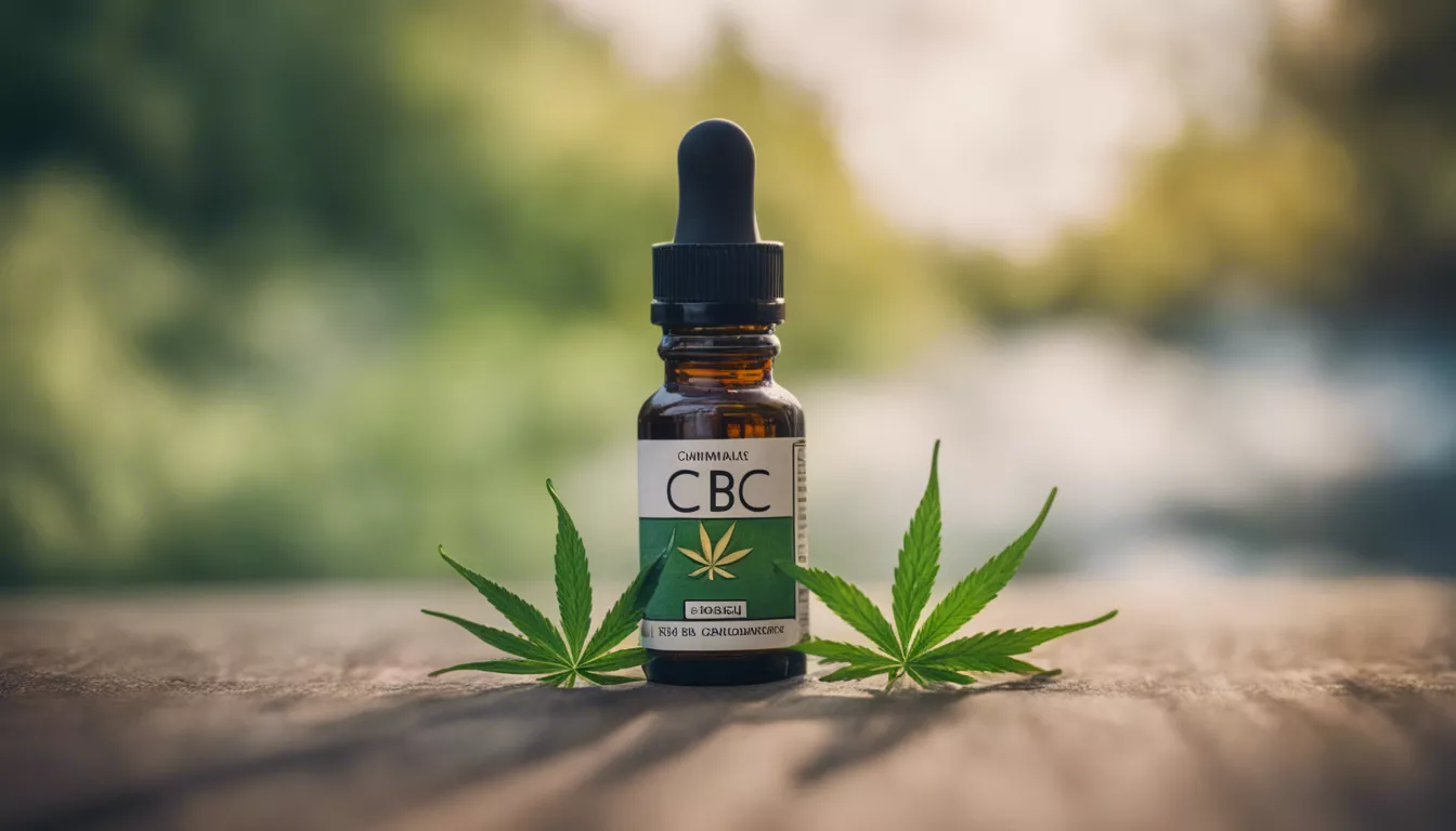 Organic CBC hemp oil in amber dropper bottle with cannabis leaves.