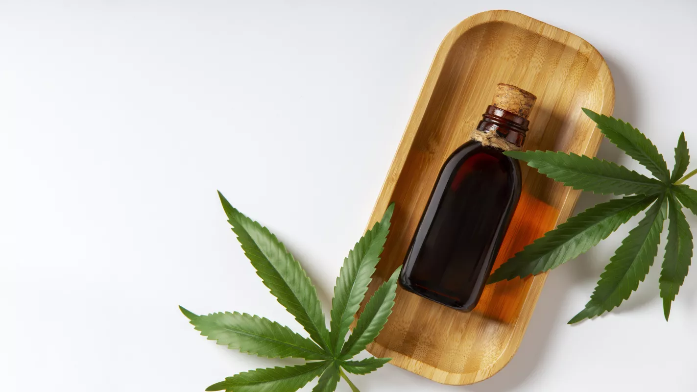 CBD oil in brown bottle with cork and cannabis leaves on wooden dish, white background.
