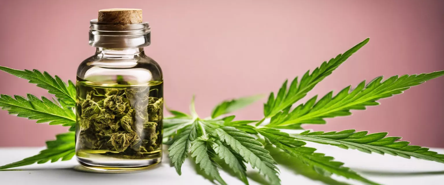 CBD oil in glass bottle with fresh cannabis leaves on pink gradient background.