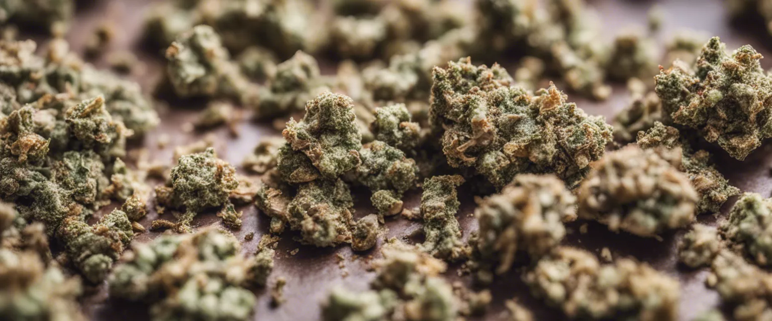 Close-up of textured dried cannabis buds with trichomes and orange pistils.