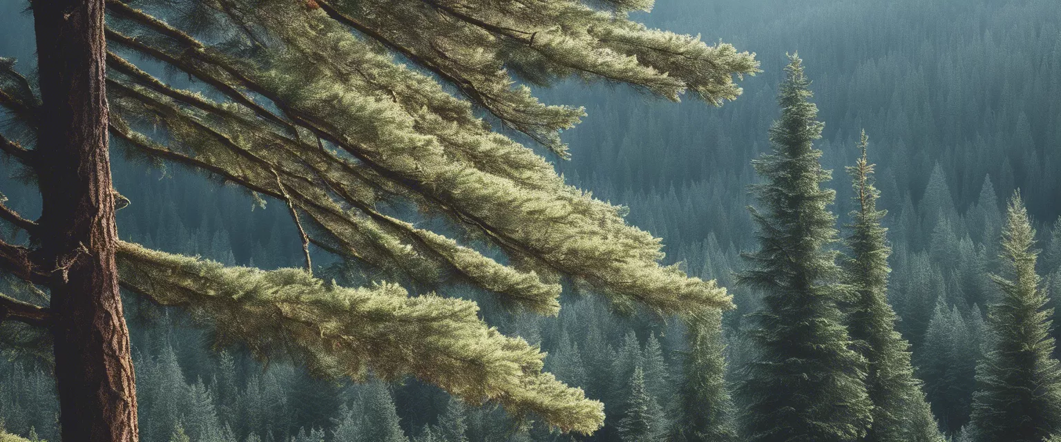 Lush conifer forest panorama with close-up of a textured tree trunk and vibrant needles.