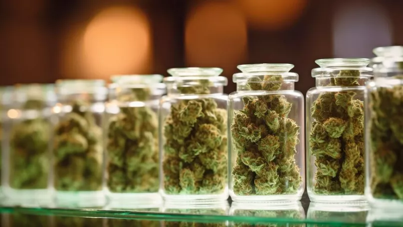 High-quality cannabis buds showcased in glass jars at a legal dispensary.