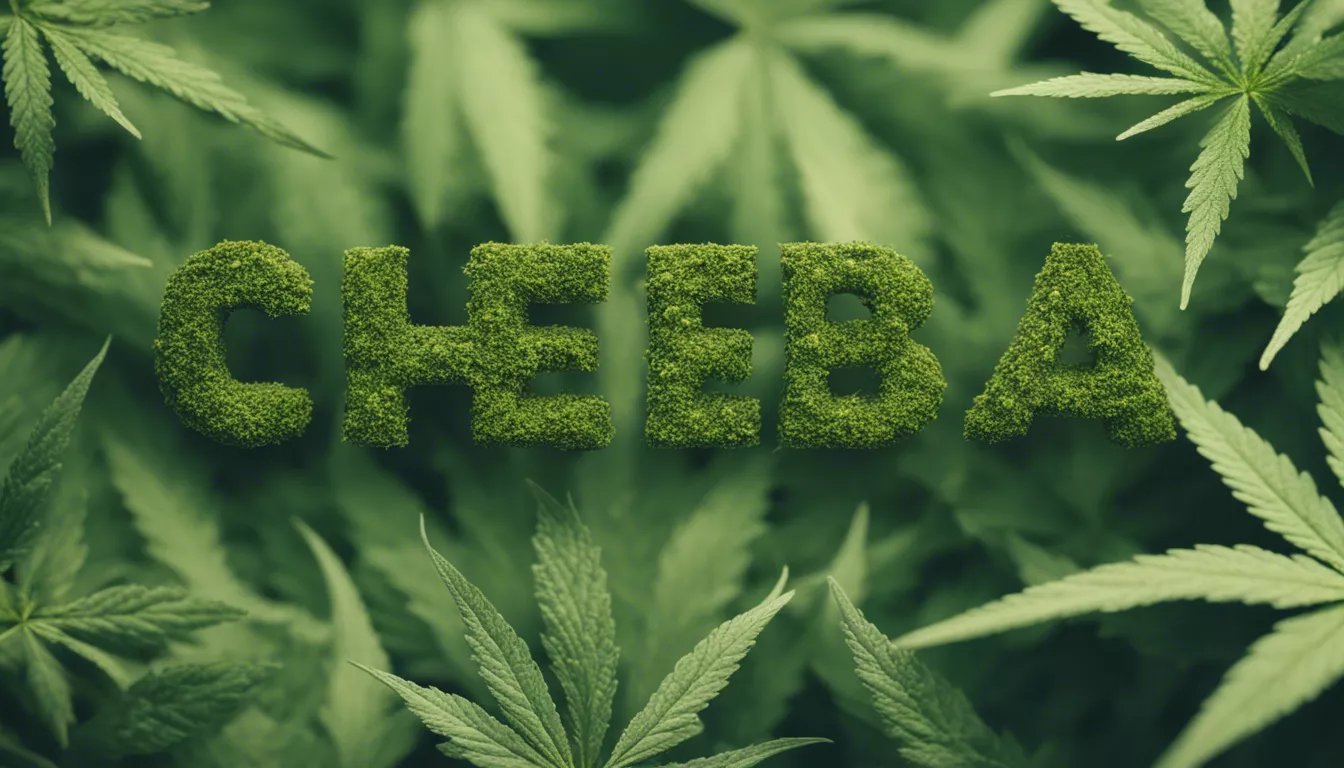 Green CHEEBA text amidst cannabis leaves, highlighting marijuana culture.