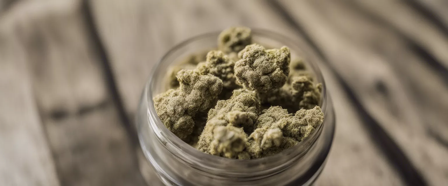 Herbal powder in glass container on wooden surface.