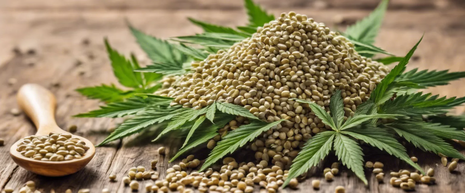 Organic hulled hemp seeds and fresh Cannabis sativa leaves on rustic wood for health benefits.
