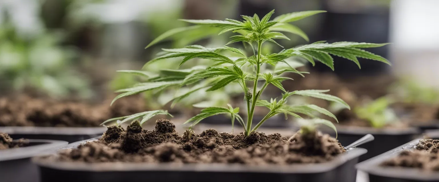 Healthy cannabis seedlings in pots under indoor growth lights.