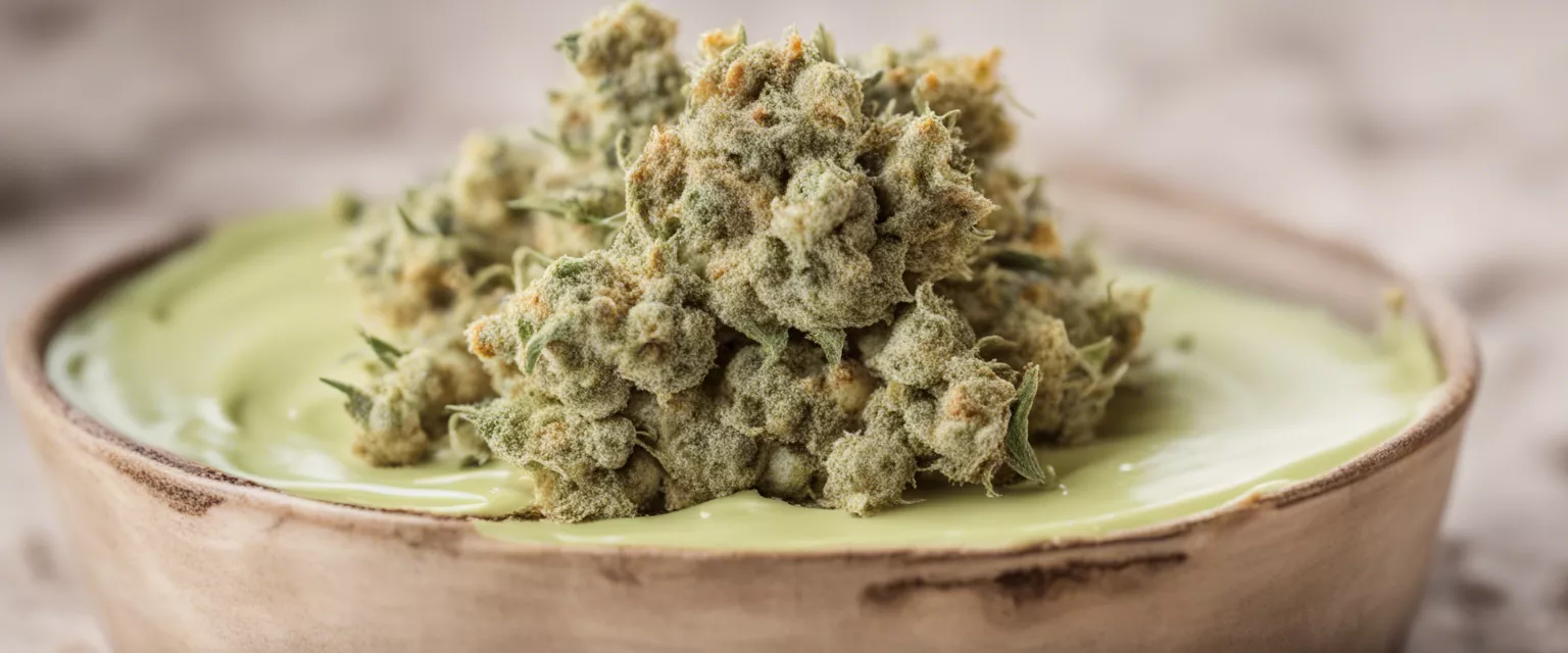 Close-up of high-quality cannabis buds on ceramic dish.