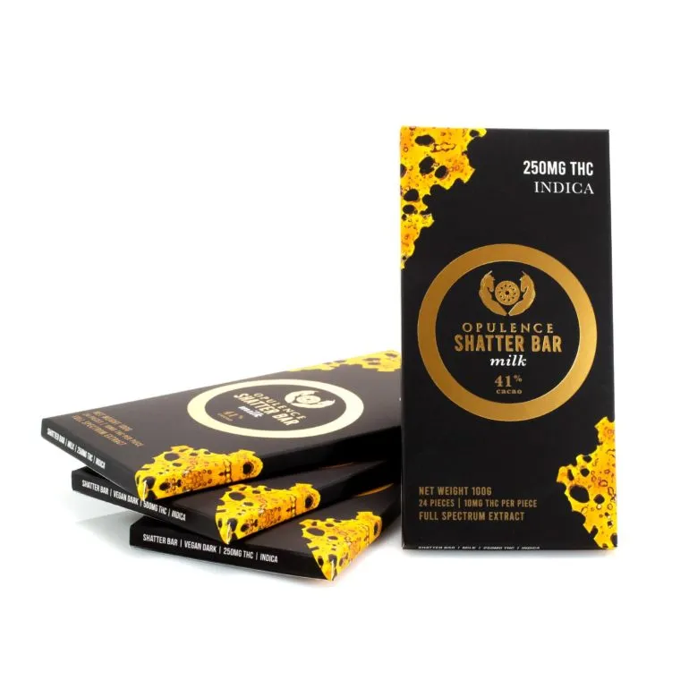 Opulence 250mg Indica THC Milk Chocolate Bar - 41% Cacao, 24 Pieces