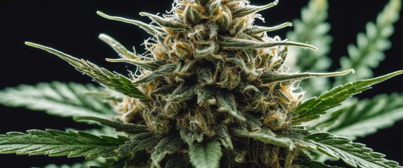 Close-up of mature cannabis bud with vibrant trichomes and serrated leaves.