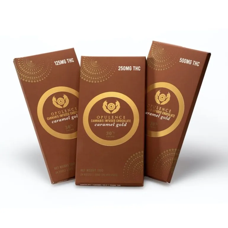 Opulence Caramel Gold chocolate bars with THC in 125mg, 250mg, 500mg options.