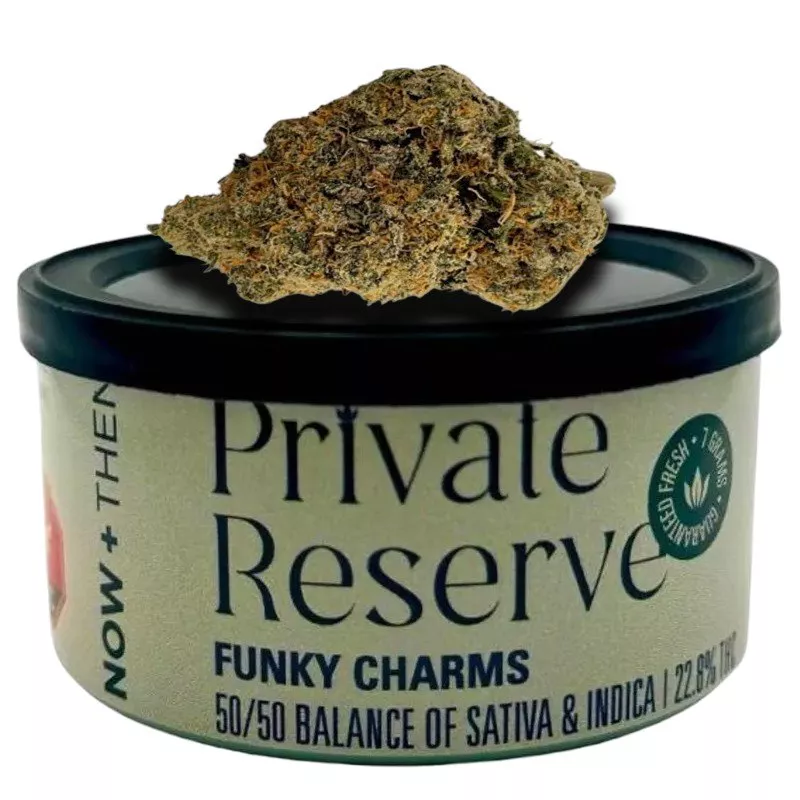 Premium cannabis Funky Charms bud on Private Reserve container, 22.9% THC, 7 grams.