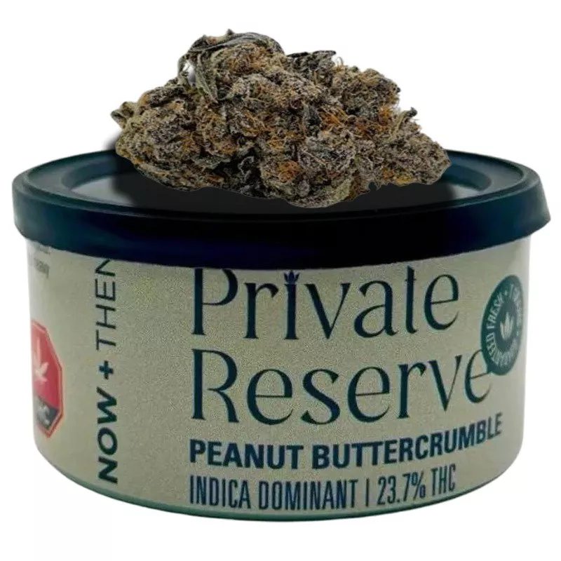 Private Reserve Peanut Buttercrumble Indica cannabis tin with 23.7% THC content and buds.