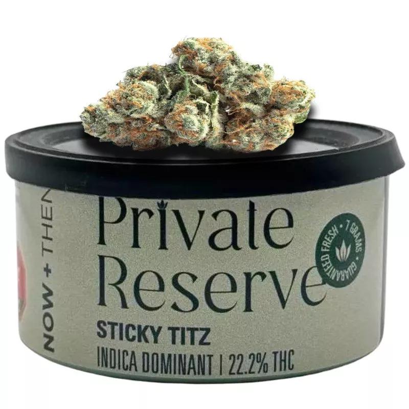 Premium cannabis tin, Sticky Titz strain with 22.2% THC, indica dominant, sealed fresh.