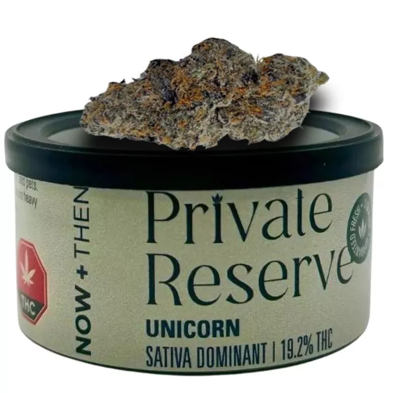 Premium Private Reserve Unicorn cannabis tin showcasing Sativa-dominant THC-rich sun-grown weed.