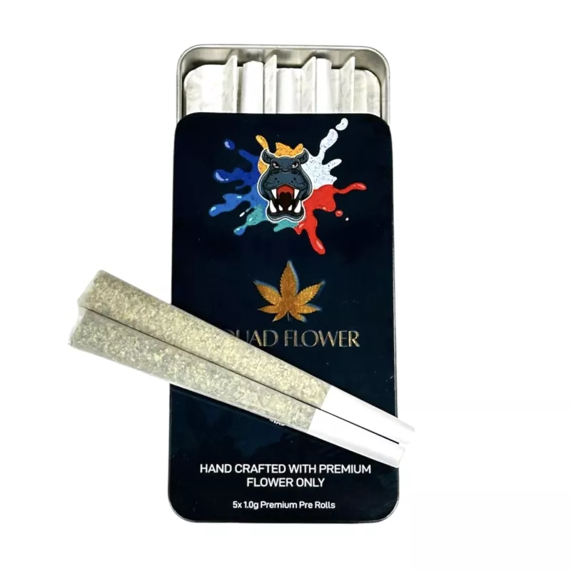 Pre-rolled cannabis in premium bulldog-themed tin packaging, showcasing high-quality craftsmanship.