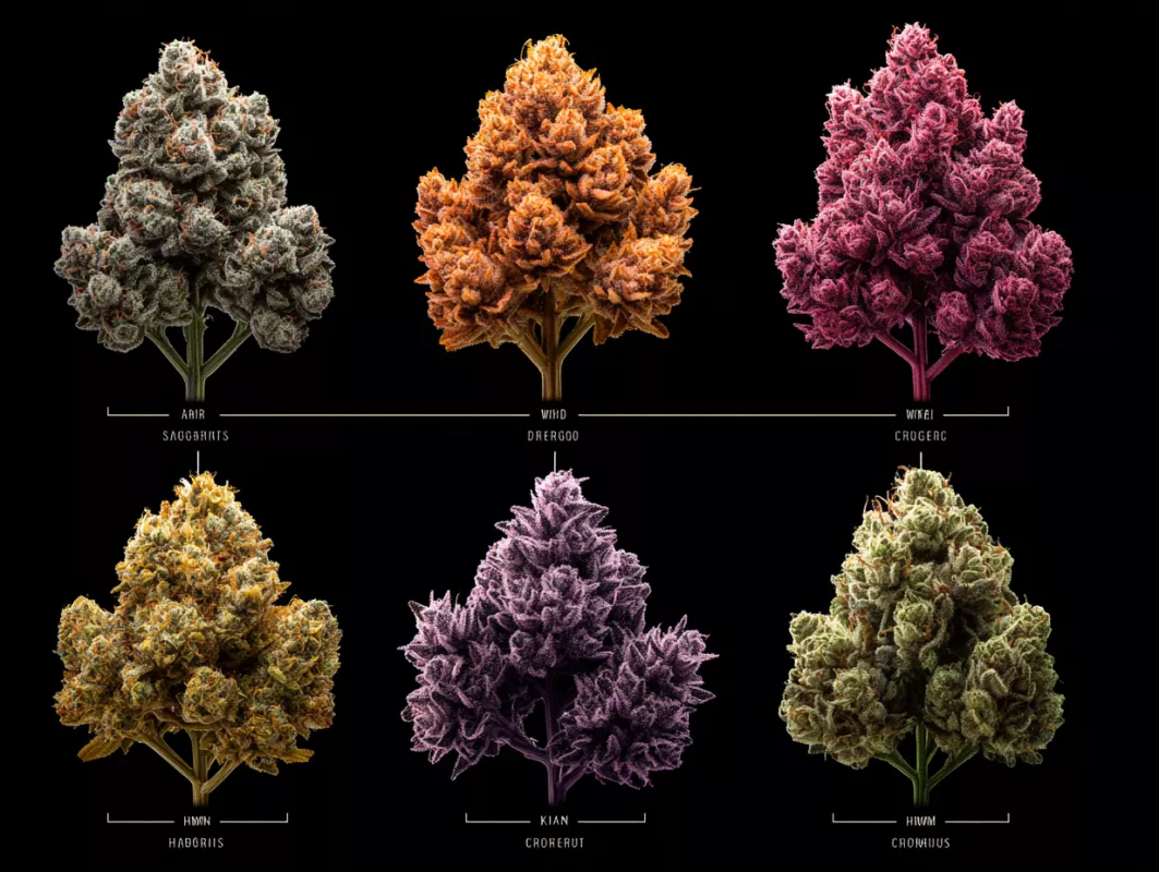 Colorful artistic illustrations of six cannabis strains as vibrant tree structures.