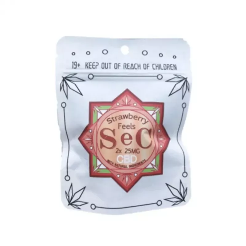 SeC Strawberry Feils 50mg CBD Gummies - Solventless, Child-Resistant Packaging.
