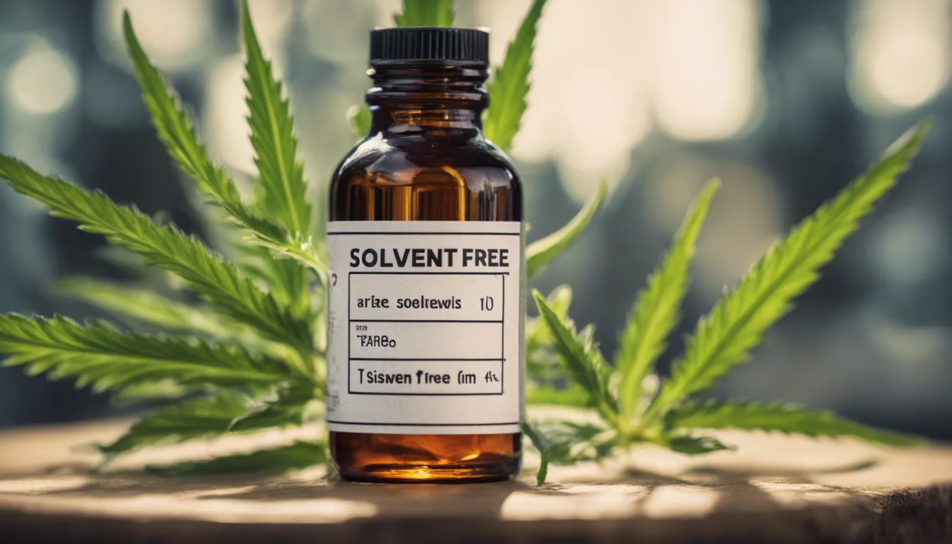 Amber bottle with solvent-free cannabis extract surrounded by leaves on wooden surface.
