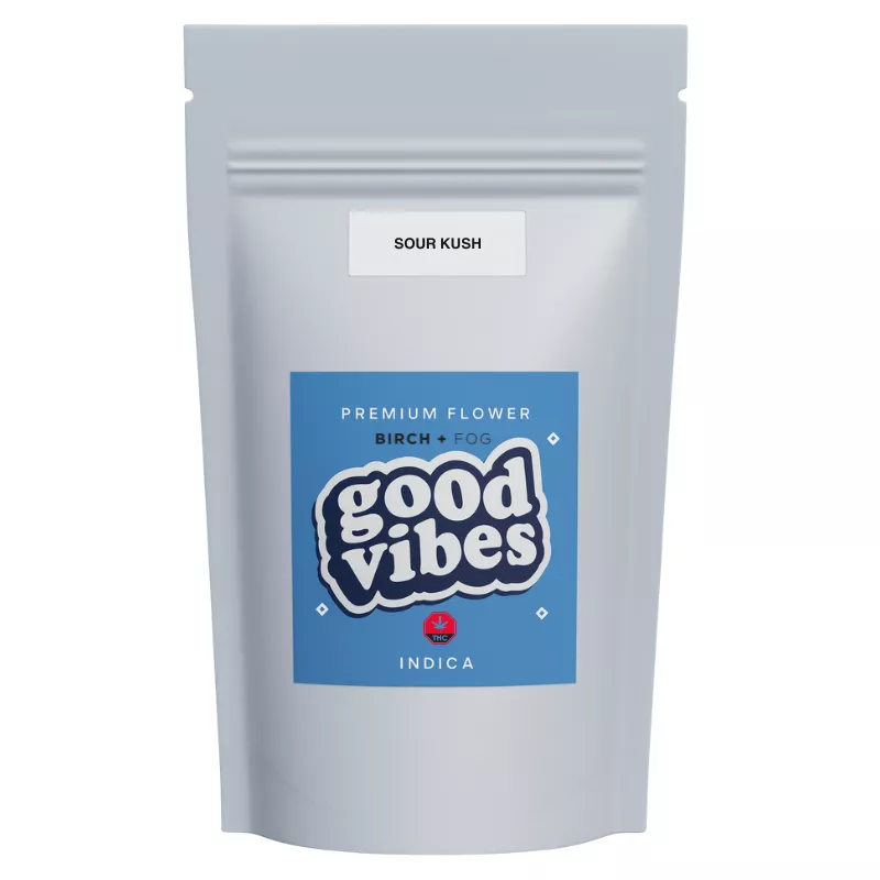 Gray packaging with a blue label, featuring text good vibes and sour kush.