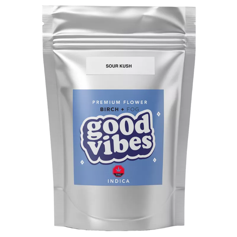 Silver pouch with blue label, good vibes logo, and product information.