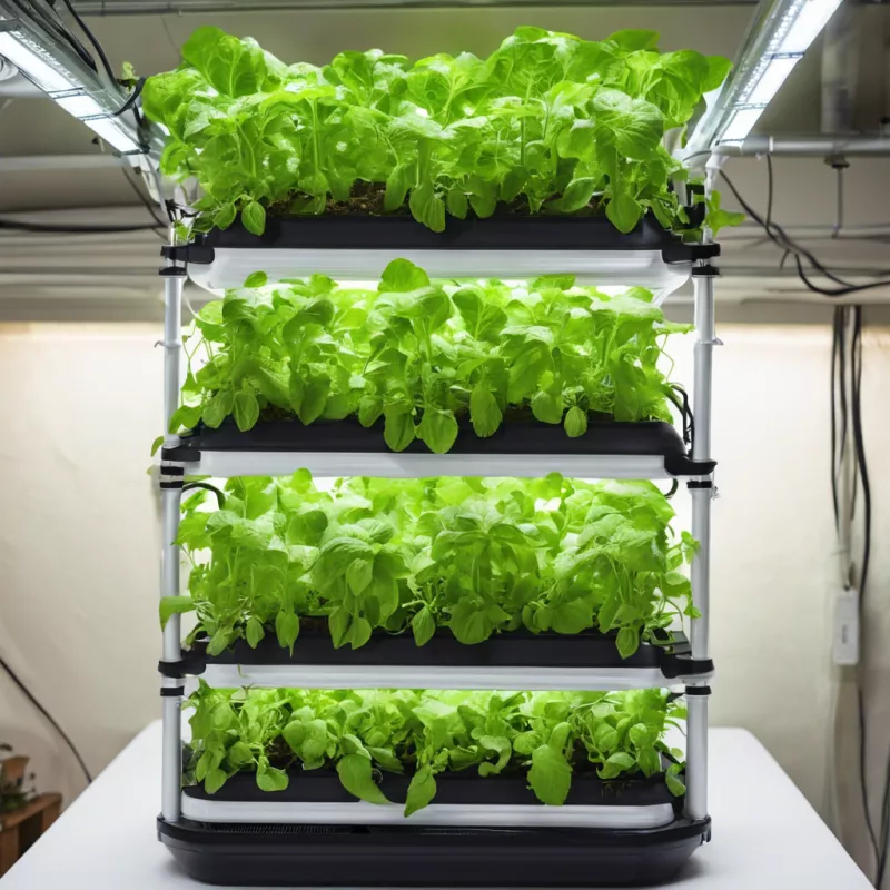 Indoor hydroponic vertical farm with lush green plants under grow lights for efficient agriculture.