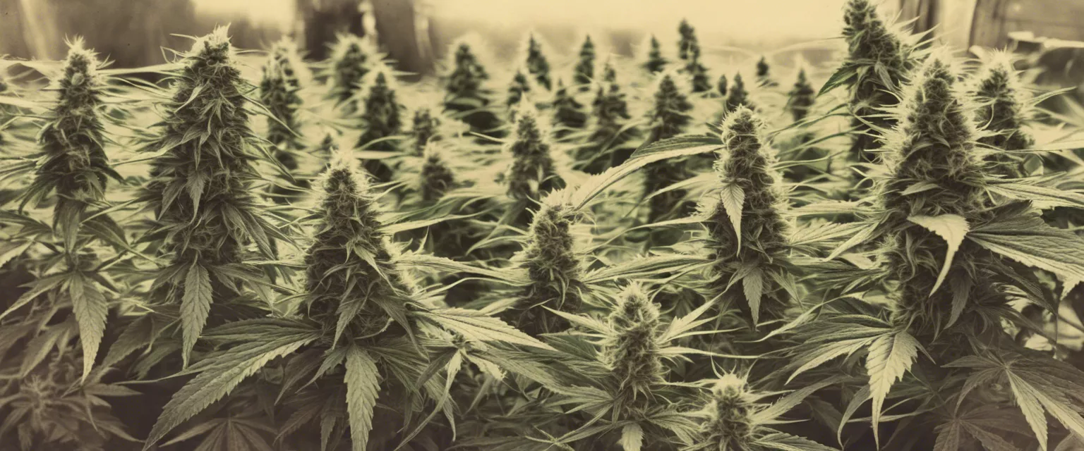 Sepia-toned vintage cannabis cultivation with dense buds ready for harvest.