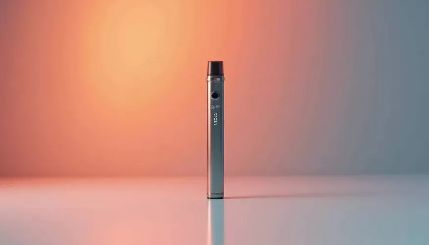 Vape pen on a reflective surface with orange and blue gradient background.
