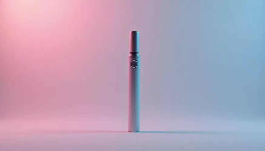 Silver vape pen centered against a gradient background of pink and blue hues.
