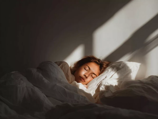 Woman in bed holding a dropper bottle, softly illuminated by sunset light.
