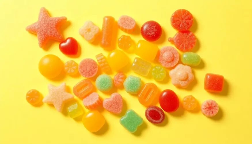 Colorful, fluffy balls piled on a surface against a soft orange background.