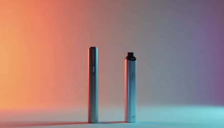 Two sleek vape devices against a gradient background of orange and blue.