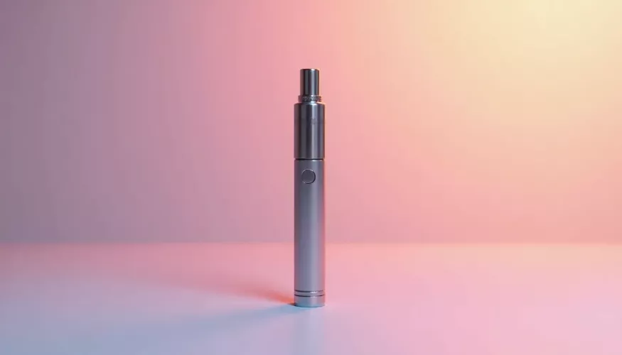Silver vape pen standing on a soft gradient background of pink and purple.